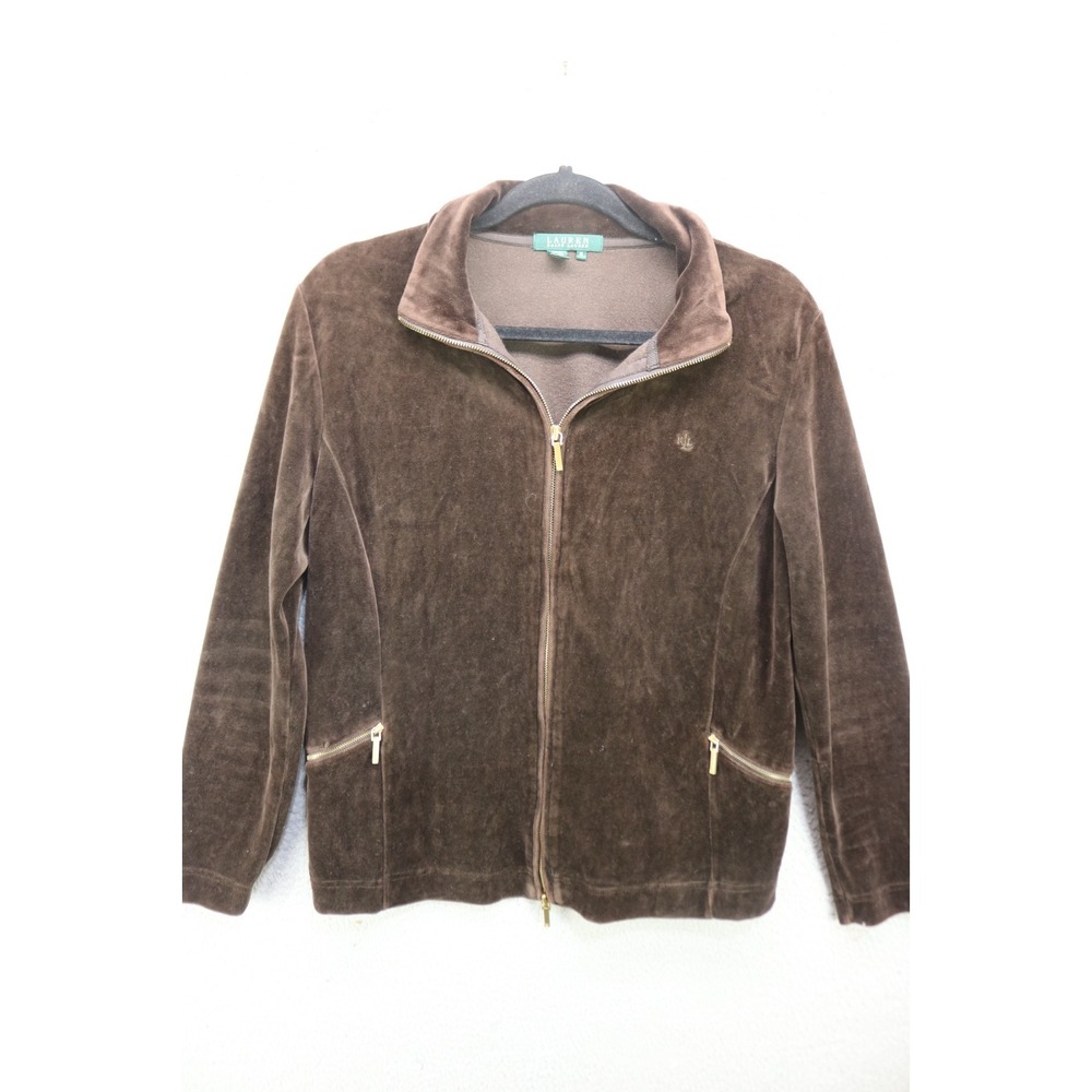 Lauren Ralph Lauren Brown Velvet Full Zip Jacket-Pockets-Medium-Soft-Preppy